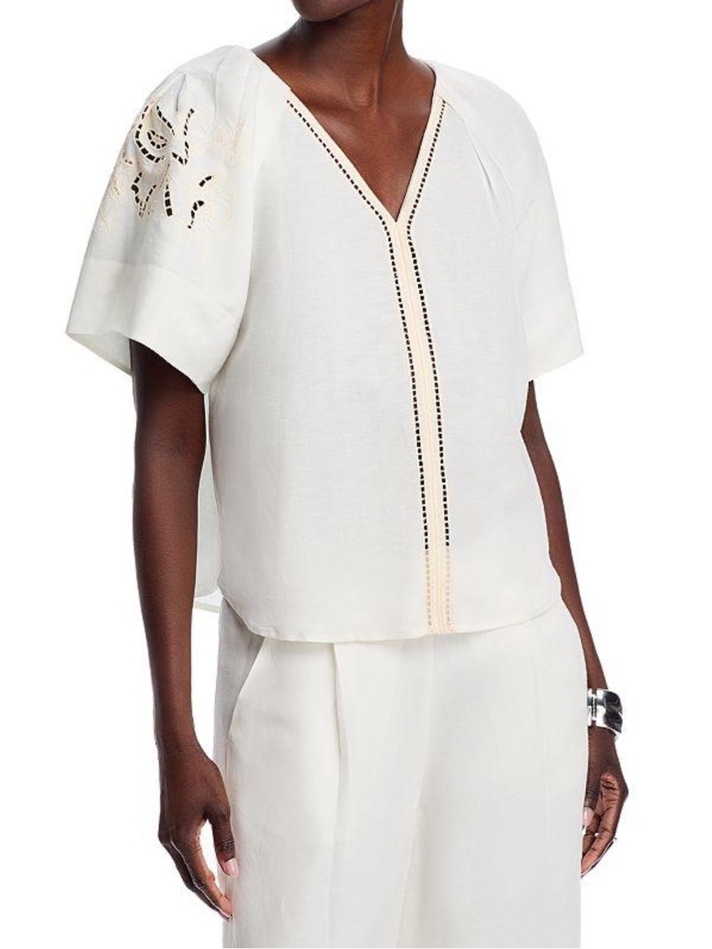 Elie Tahari Linen White V-Neck Eyelet-Sleeve Blouse Top